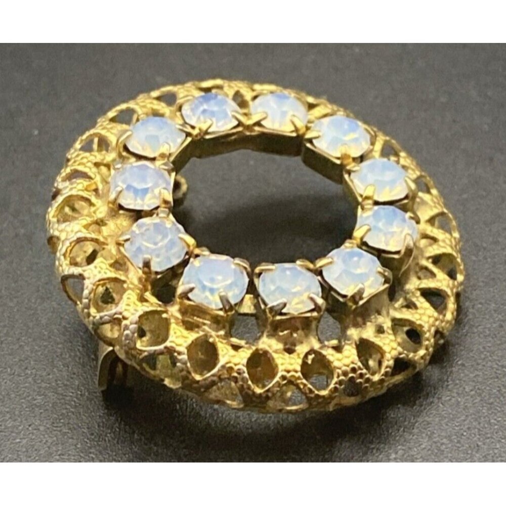 Vintage Brooch Pin Opaline Glass Circle Yellow Gold Plated Rhinestone Art Deco - Picture 5 of 7